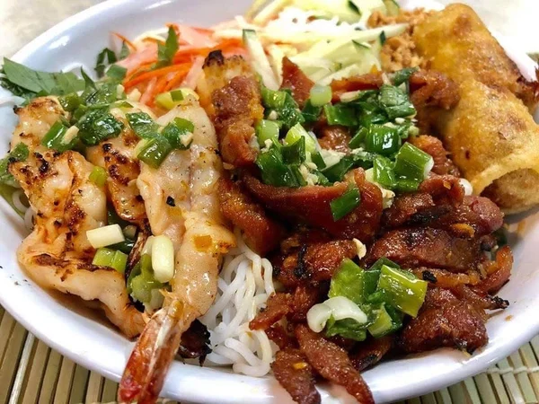 Vermicelli Bowl with Grilled Shrimp Pork and Egg Roll
